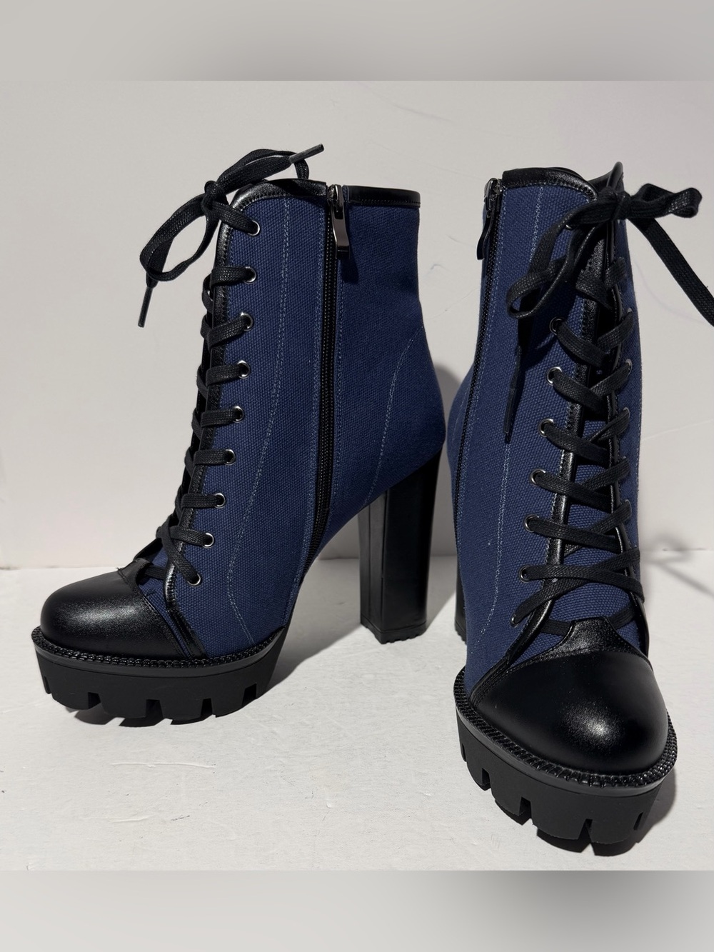 Goth Punk Navy Chunky Block Heel Lace Up Platform Creep Shoe Ankle Boots Sz 8.5